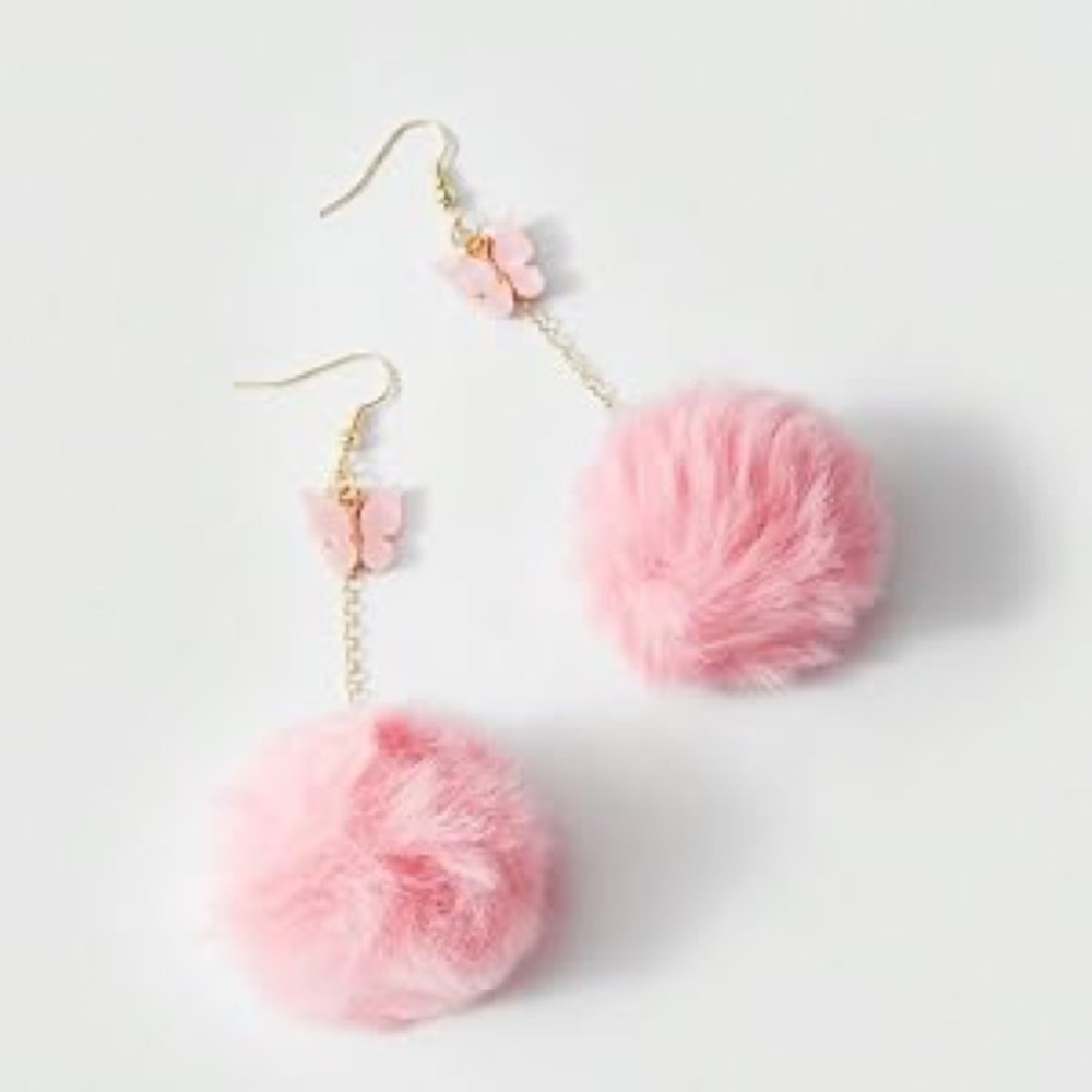 Pink Faux Fur Pom Pom Drop Earrings for Kids